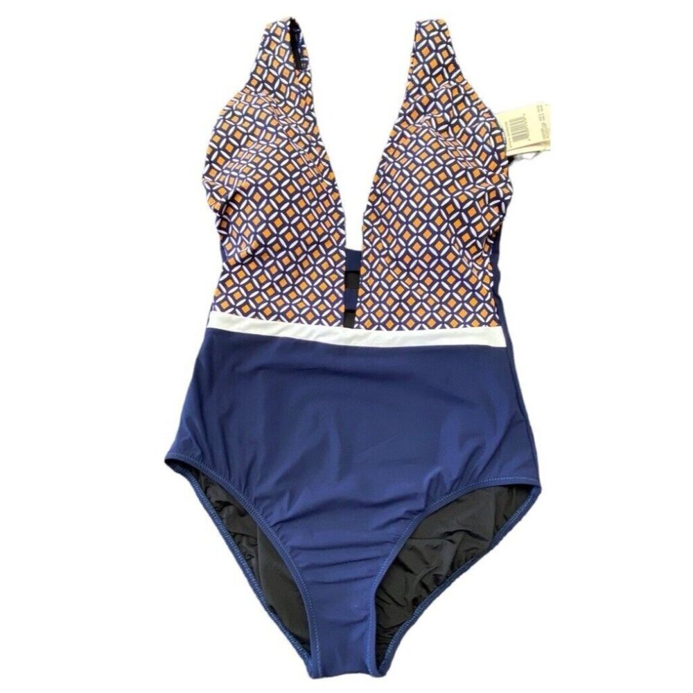 Profile by Gottex Sz 10 Swimsuit Let It Be Halter One Piece Blue White Beach - Picture 4 of 7